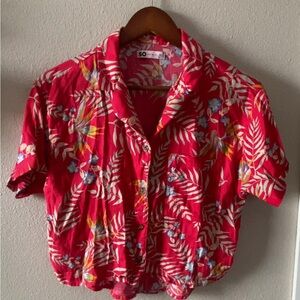 SO Women's Vibrant Red Floral Button Down Shirt